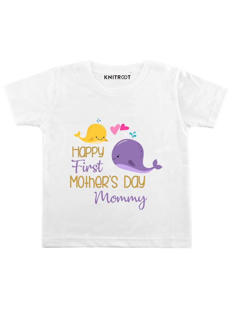 White Happy First Mother's Day Print T-Shirt