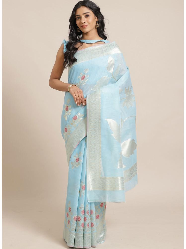 Sky Blue Festive Linen Silk Woven Saree With Unstitched Blouse