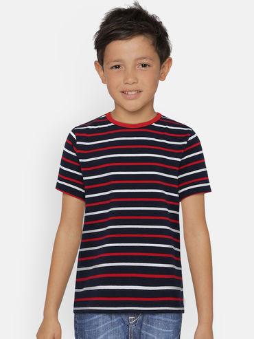 LADORE Navy Blue Striped Round Neck Cotton T-shirt