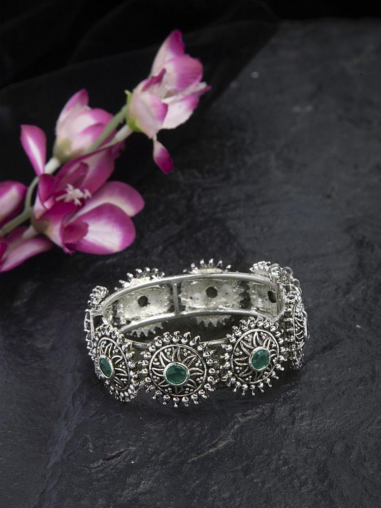 Green Stone Studded Filigree Work Oxidised Silver Plated Handcrafted Tribal Bracelet
