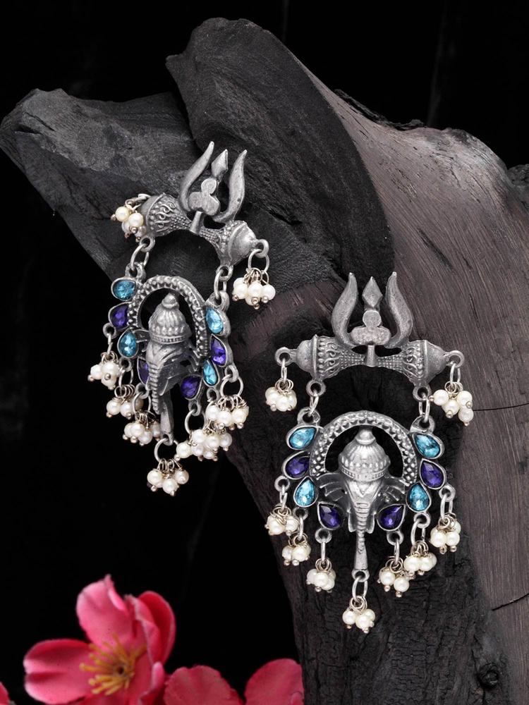 Ganesha Look Temple Design Stone & Pearls Studded Oxidised Silver Plated Earrings