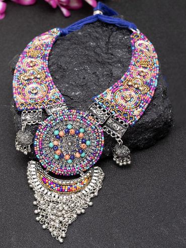 Handcrafted Multicolor Embroidered Afghan Tasseled Design Antique Oxidised Necklace