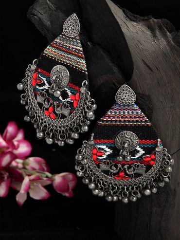 Red Stone Studded Handwoven Tribal Design Oxidised Silver Plated Handcrafted Chandbalis