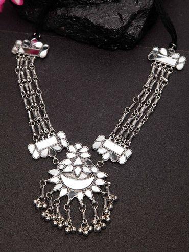 Handcrafted Mirror Studded Afghan Tasselled Design Oxidised Silver Plated Brass Necklace