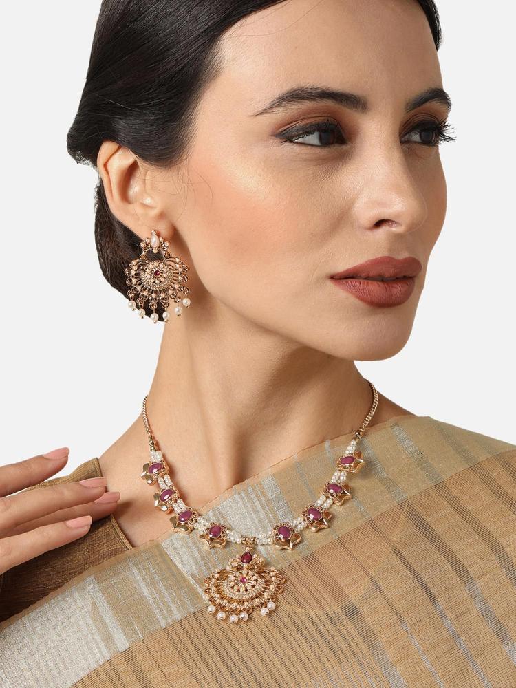 Gold Ethnic Necklace and Earrings (Set of 2)