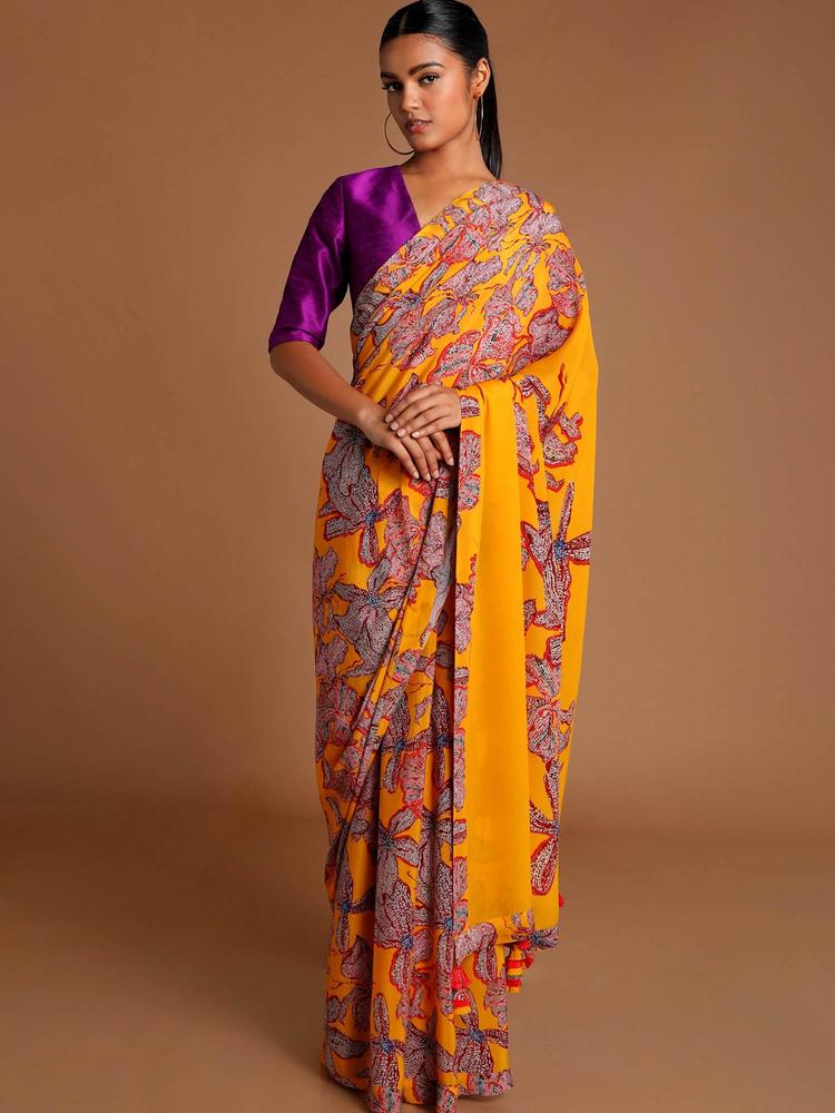 Yellow Wild Flowers Saree With Purple Unstitched Blouse Piece