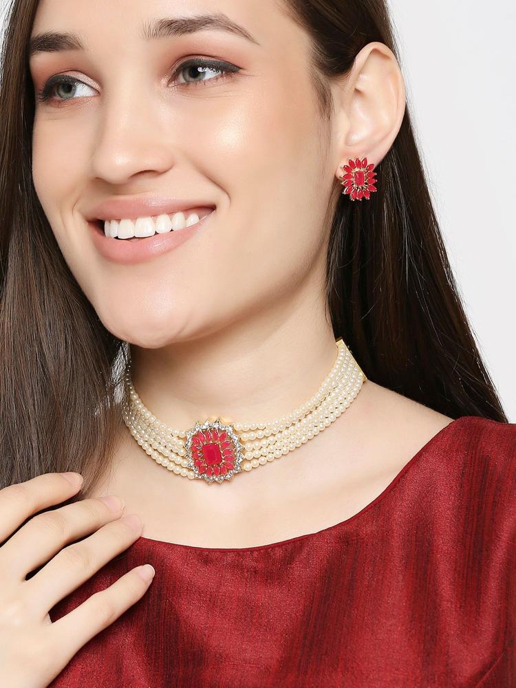 Red American Diamond Multi Layer Ethnic Choker Necklace Set