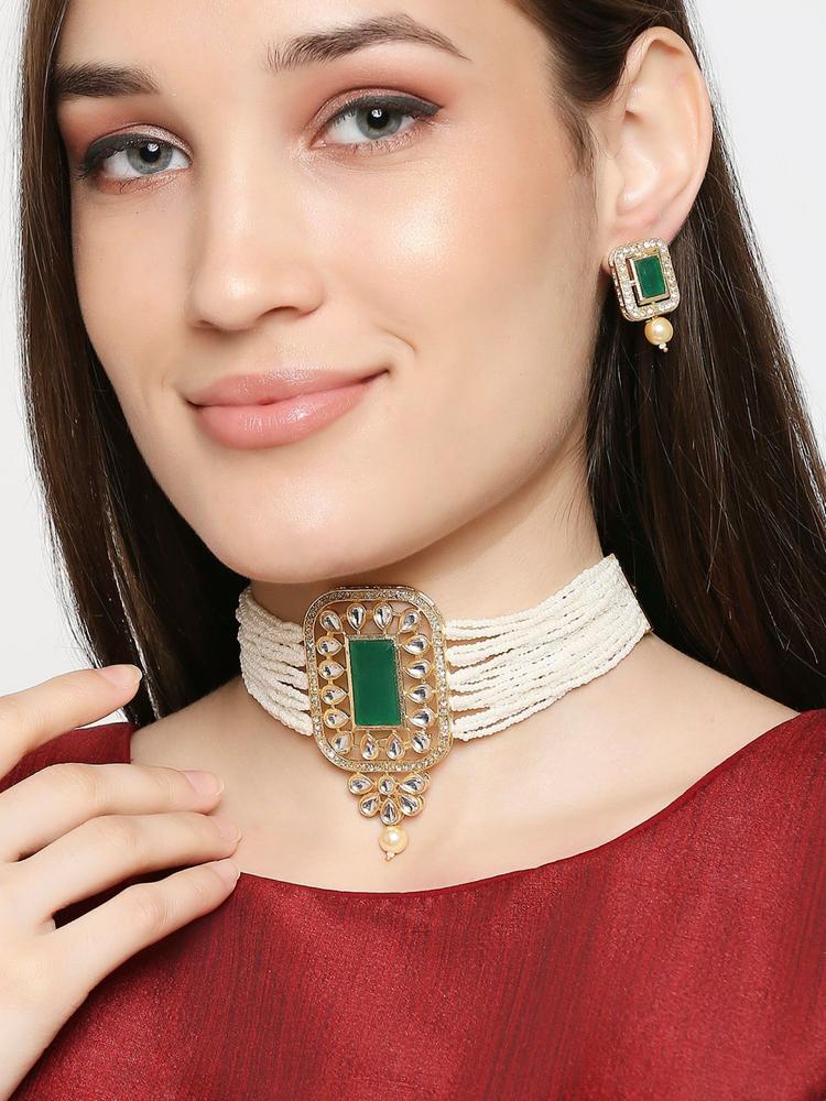 Green American Diamond Multi Layer Ethnic Choker Necklace Set