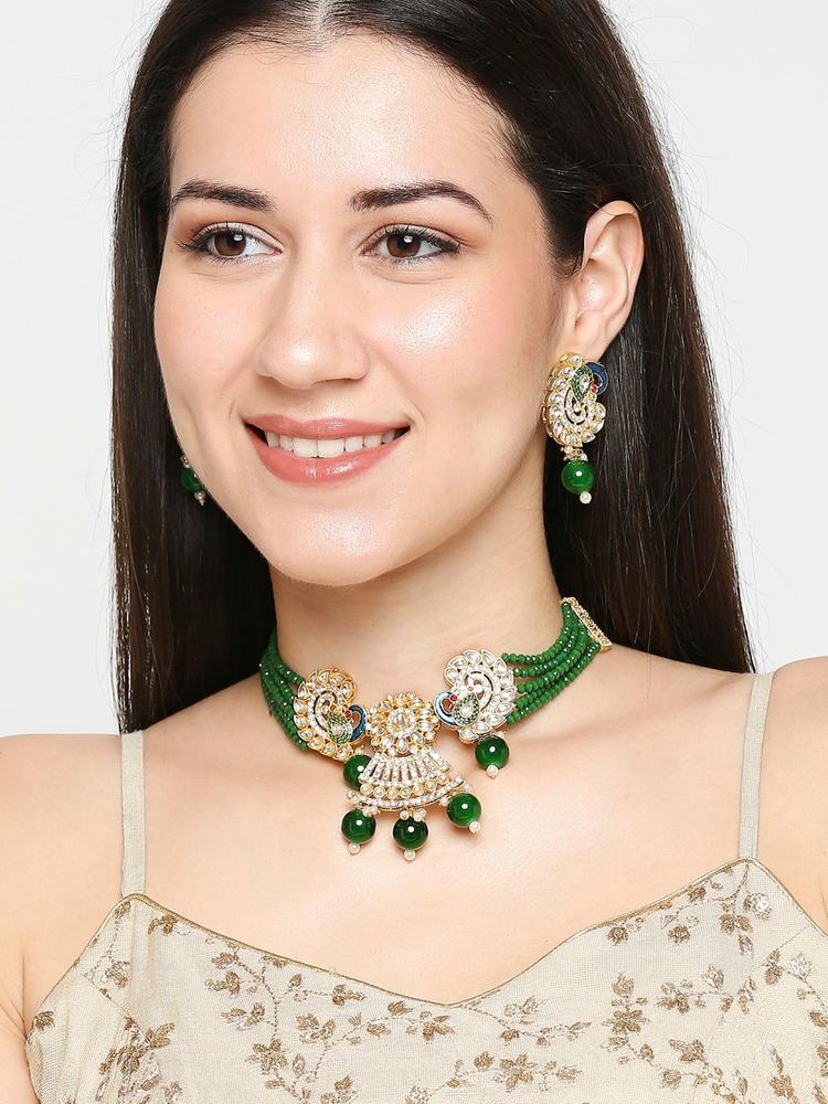 Green Beads & Kundan Choker Necklace Set In Peacock Design With Matching Earrings