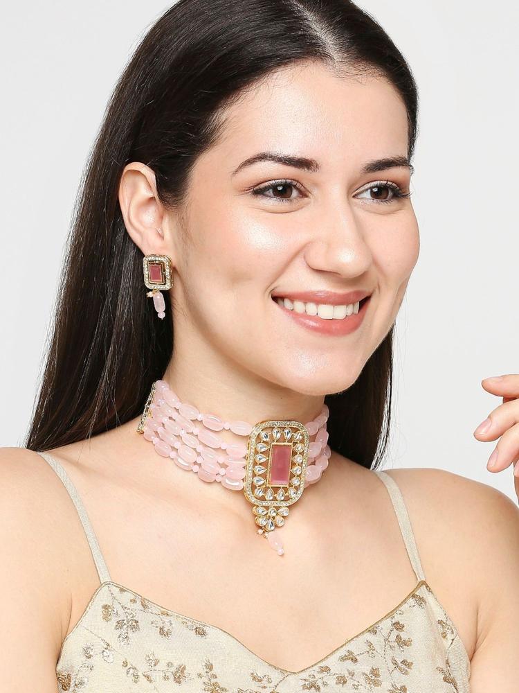 Pink Opal Beads Ethnic Choker Set with Matching Earrings