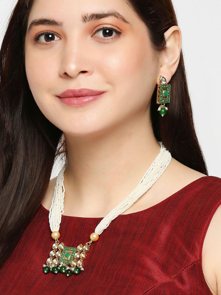 Green Meenakari and Kundan Pearls Multilayer Necklace Set with Matching Earring