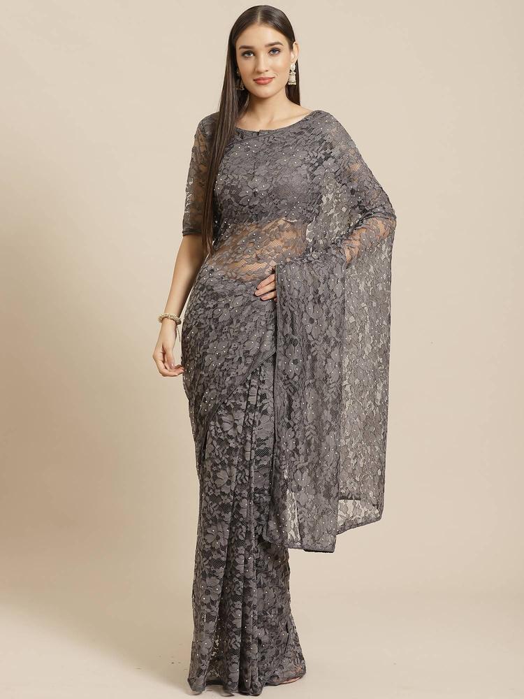 Grey Party Net Solid Saree With Unstitched Blouse