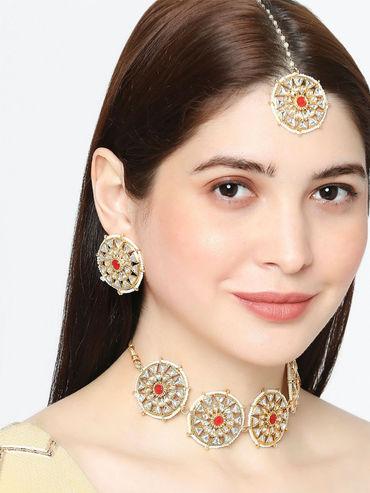 Red Stone & Kundan Ethnic Choker Necklace Set With Matching Earring & Maangtika
