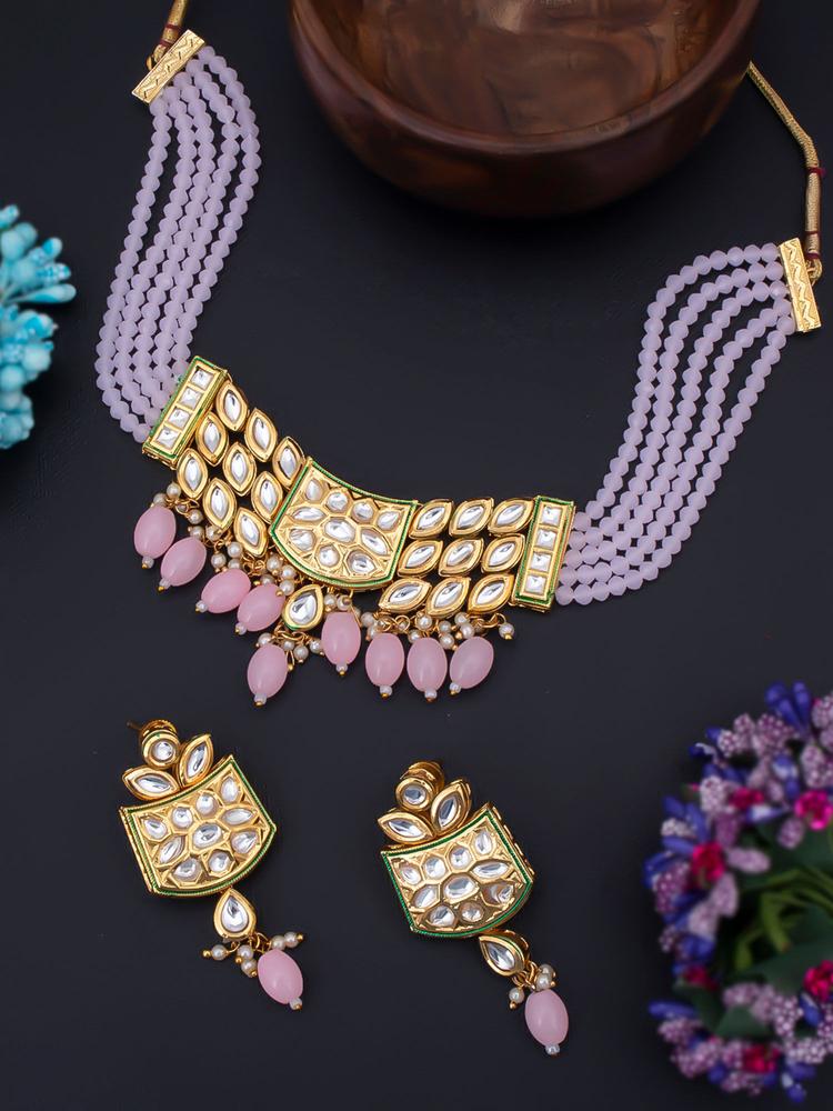 Glorious Gold Plated Kundan Choker Necklace Set For Women (NS100446)