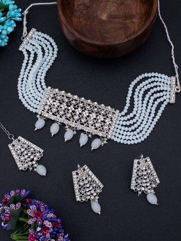 Dazzling Rhodium Plated Choker Necklace Set For Women (NS100469)