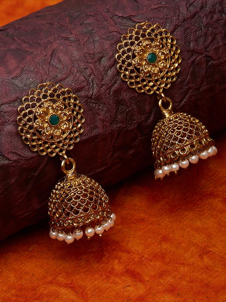 Ethnic Indian Traditional Beautiful Gold Stone Drop Jhumka Earrings
