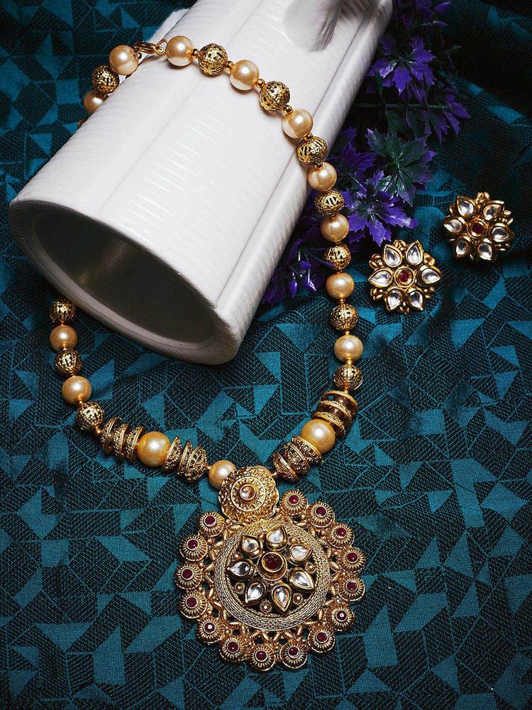Gold-Toned Off-White Beaded Jewellery Set