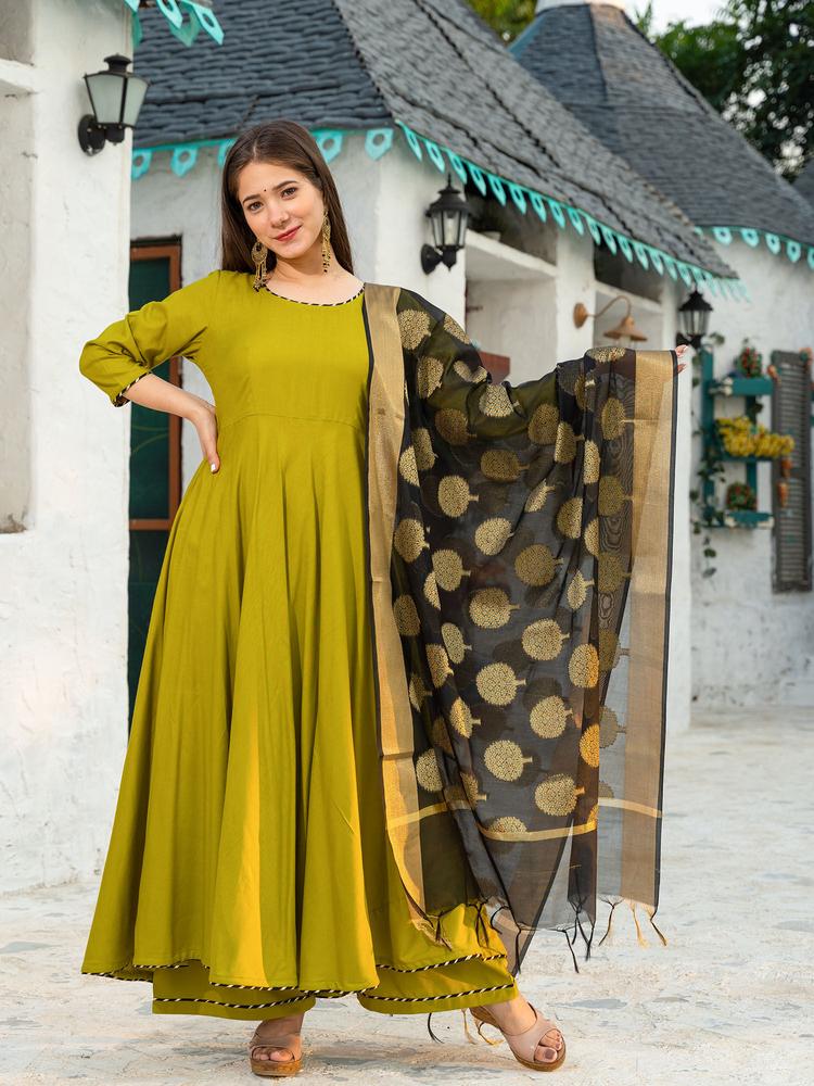 Mehendi Green Suit And Palazzo With Chanderi Dupatta (Set Of 3)