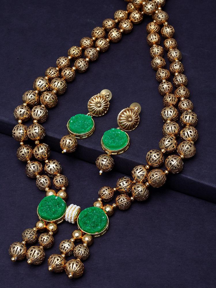 Gold-Plated Green Artificial Stone-Studded Handcrafted Jewellery Set