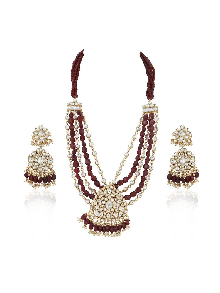 Long Pendant Set With Maroon Beads Line (Set of 2)