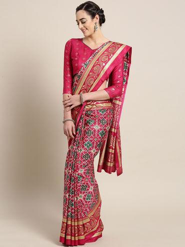 Pink Festive Kanjivaram Silk Patola Saree With Unstitched Blouse