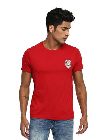 Red Crew Neck Wolf Logo T-Shirt