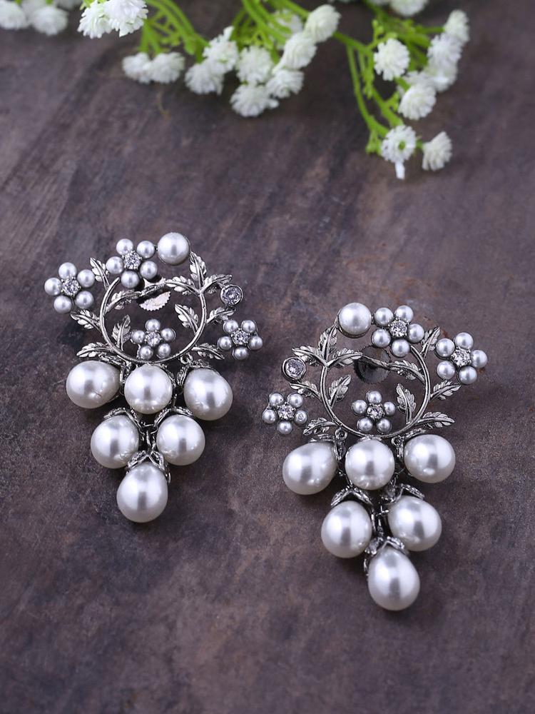 Silver Plated Oxidised Pearl Drop Earrings