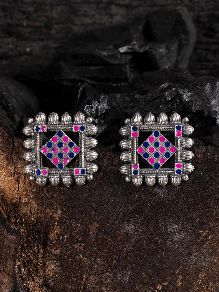 Silver-Plated Blue-Pink Colour Oxidised Studs Earrings