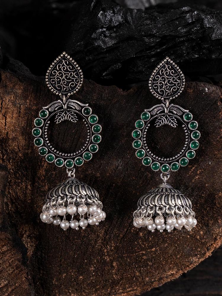 Silver-Plated Green Colour Oxidised Jhumkas Earrings