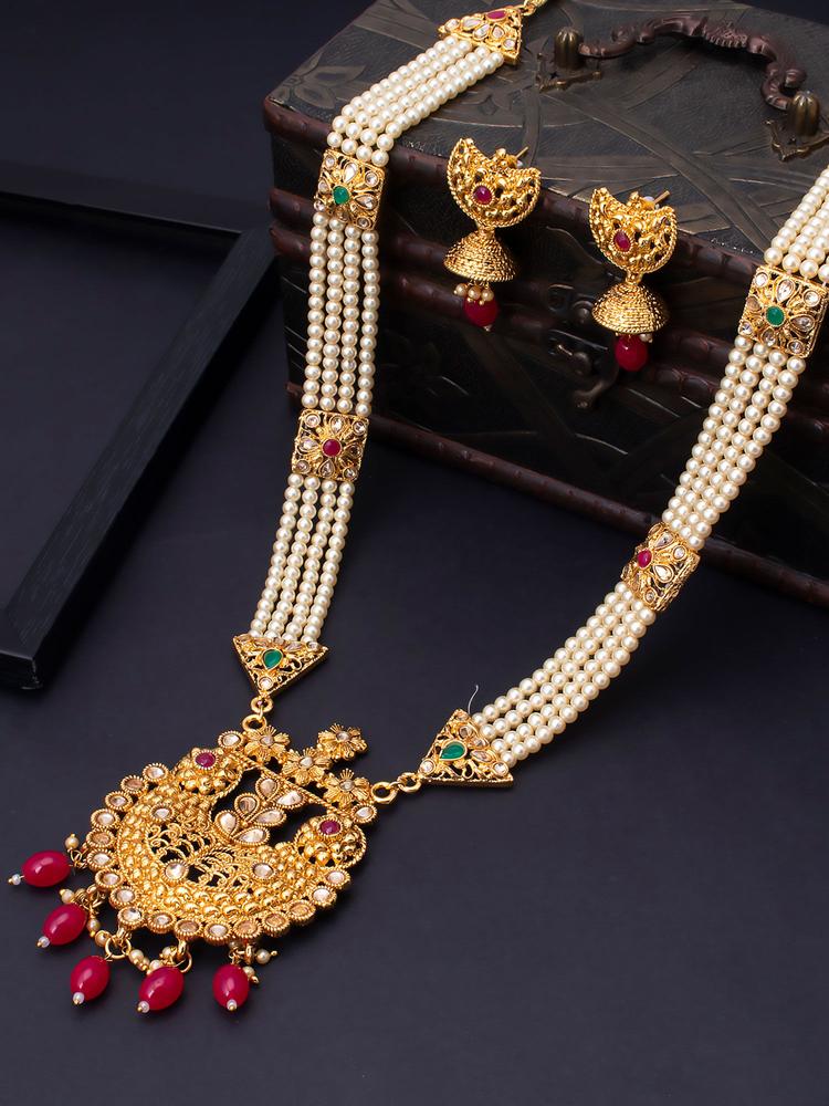 Red Floral Pearl Gold Plated Long Haram Necklace And Earring (Set of 2)