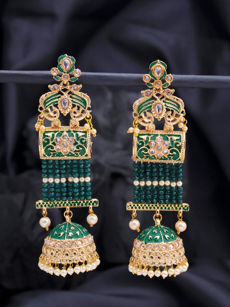 Dazzling Pearl Gold Plated Kundan Meenakari Jhumki Earring for Women (SKR85747)