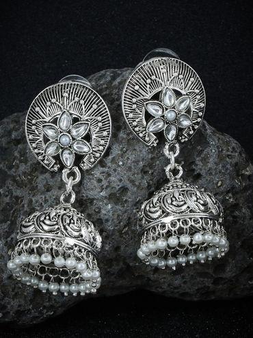 Silver Pretty Oxidised Plated Pearl Jhumki Earring
