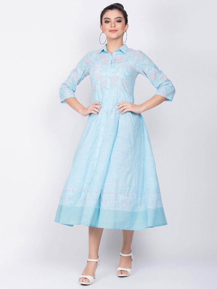 Blue Cotton Kalidaar Midi Dress