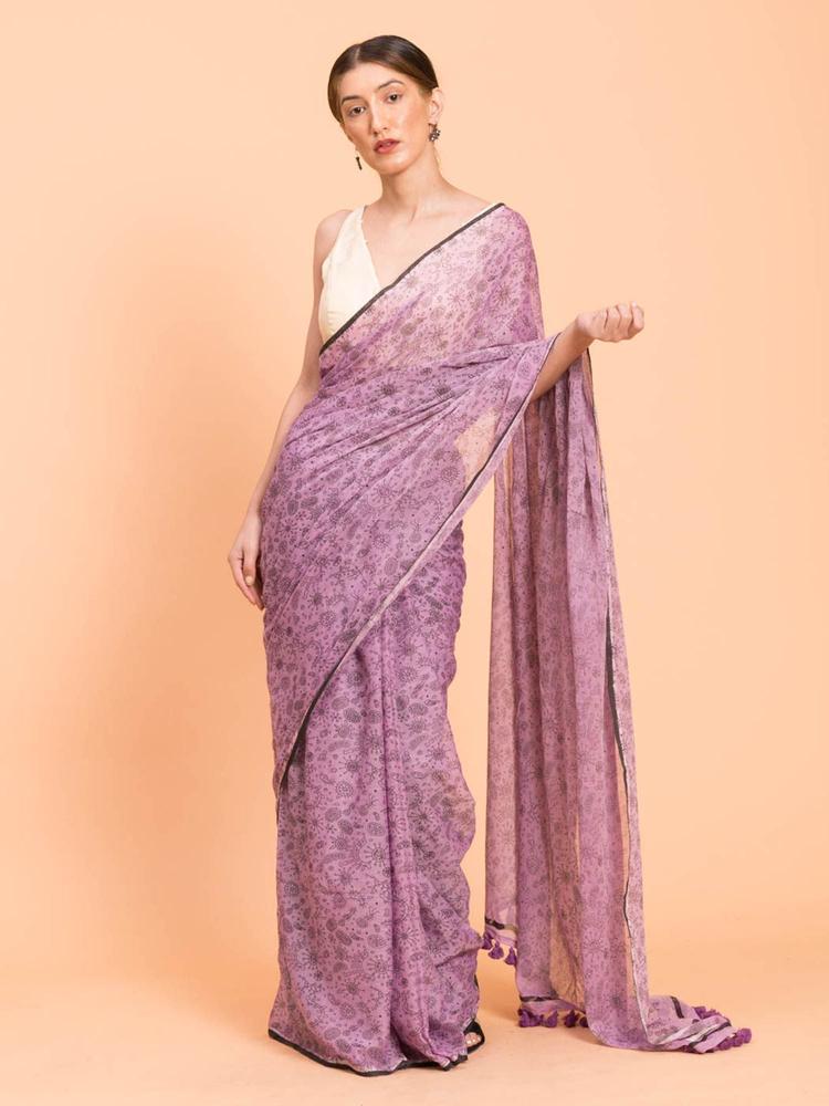 Lavender Pure Cotton Printed Saree without Blouse