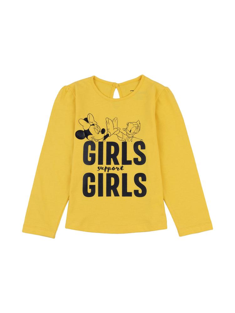 Girls Minnie "girls Support Girls" Puff Printed Cotton Yellow Tshirt