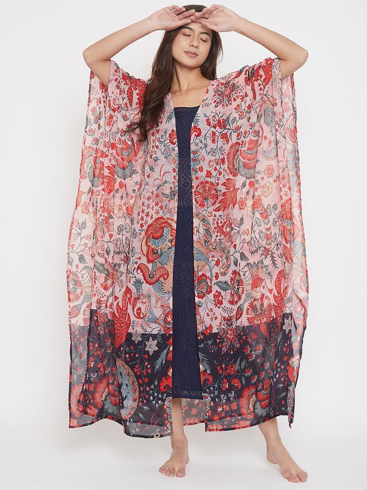 Floral Printed Kaftan Gown With Lace Slip - Multi-Color