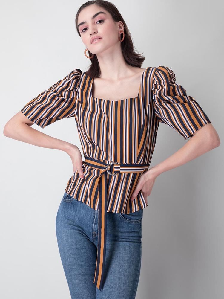 Blue Striped Square Neck Belted Blouse