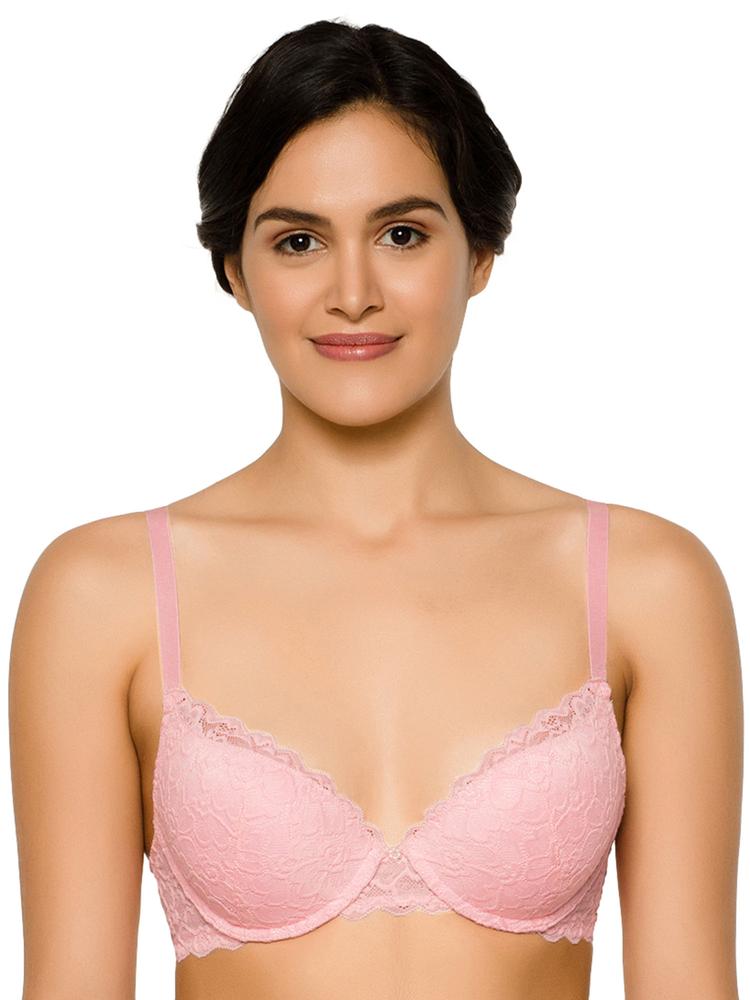 Plush Desire Padded Wired 3/4Th Cup Lace Fashion Push-Up Bra - Pink