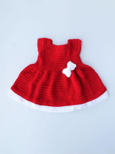 Handmade Crochet Red Bow Knee Length Frock with Headband (Set of 2)