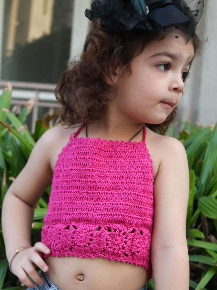 Handmade Crochet Pink Granny's Square Pattern Halterneck Crop Top for Girls