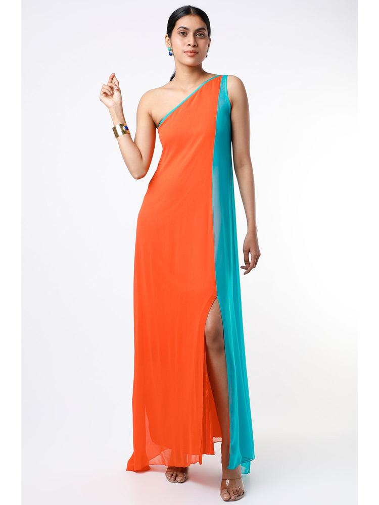 Orange & Turquoise One Shoulder Maxi Dress
