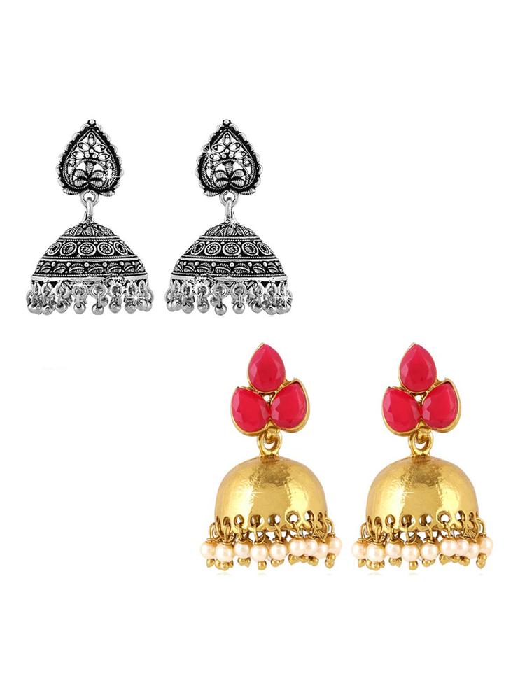 Combo Of 2 Pair Oxidised Silver And Gold Plated Traditional Jhumki Earrings