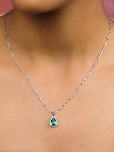 Pure 925 Sterling Silver Emerald Pendant in Pear Shape With Chain (Set of 2)