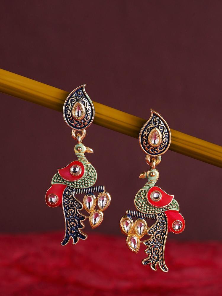 Multi Colour Meenakari Enamel with Kundan in Peacock Design Ethnic Drop Earrings