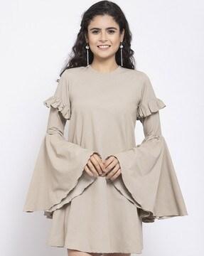 Bell Sleeves Shift Dress with Ruffles