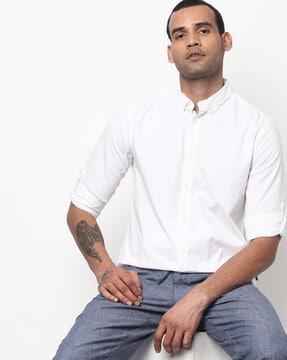 Slim Fit Cotton Shirt with Button-Down Collar