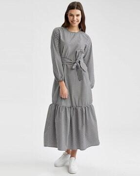 Checked Tiered Dress with Belt