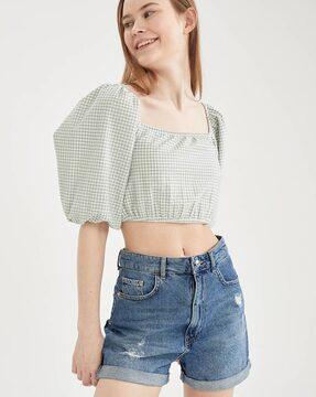 Checked Crop Top with Bishop Sleeves