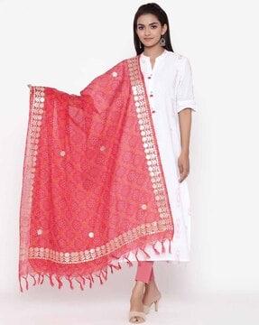 Floral Print Dupatta with Tassels Accent