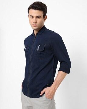 Slim Fit Zip-Front Shirt with Flap Pockets